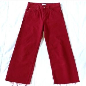 Red Zara culottes denim flare wide leg distressed